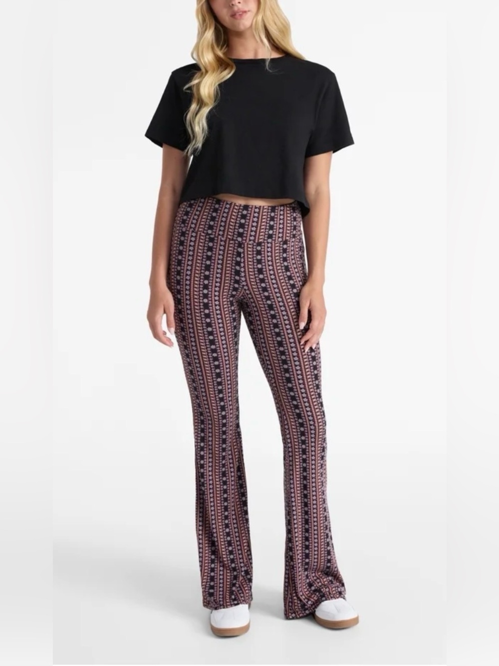 Brown Hippie Printed Boho Pull On Gremlin Core Elastic Waist Flare Leg Pants L